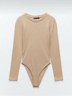 Zara Beige Long Sleeve Rib Bodysuit